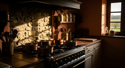 Warm Kitchen Interior Featuring Copper Cookware Illuminated By Natural Light, Rustic Ambiance