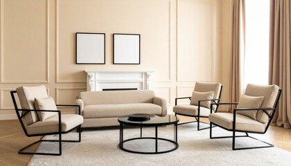 Mockup poster frame Living Room Decor: A modern and sophisticated living room with a neutral palette, showcasing minimalist furniture arrangements, a stylish coffee table, and blank frames.