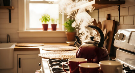 Warm kitchen scene with a steaming kettle and mugs, cozy and inviting atmosphere