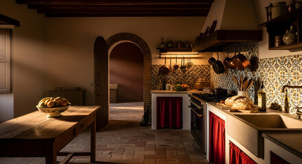 Warm Light Flooding A Rustic Kitchen, Revealing Culinary Equipment And Design