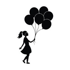 Silhouette of a young girl with a ponytail holding a large bunch of black balloons with strings against a white background