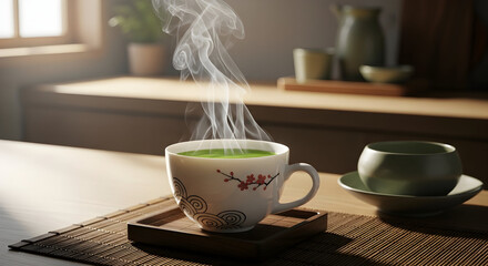 Warm Matcha Tea Cup with Floral Decor and Steam in Cozy, Peaceful Setting