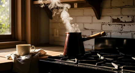Warm Morning Brew: Steaming Coffee Pot And Cup Bathed In Soft Sunlight