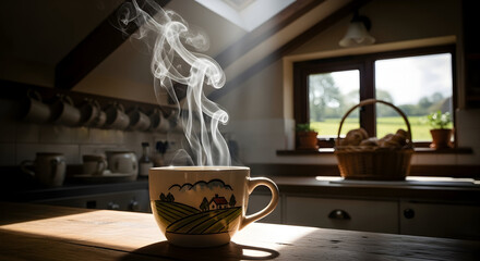 Warm morning coffee in a cozy rustic kitchen ready to start a beautiful day