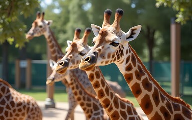 Naklejka premium A group of giraffes under the shelter on a sunny day in a zoo. High quality
