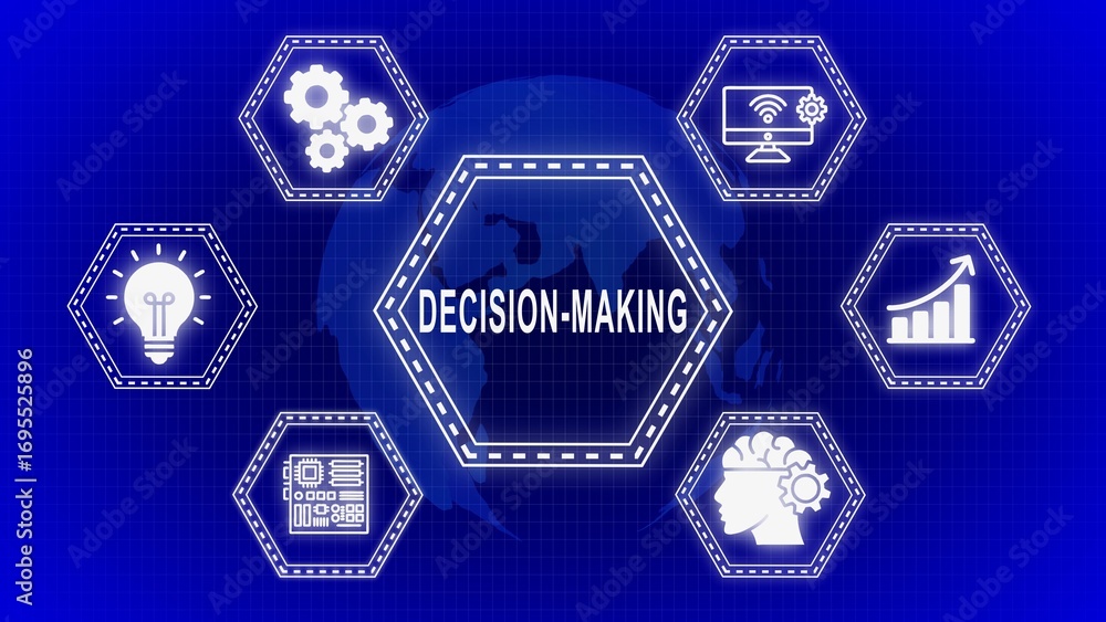 Poster decision making process with icons illustrating strategy and conceptual thinking on blue backdrop