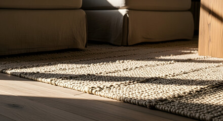 Warm Natural Light Illuminating Texture and Design of the Woven Rug and Flooring
