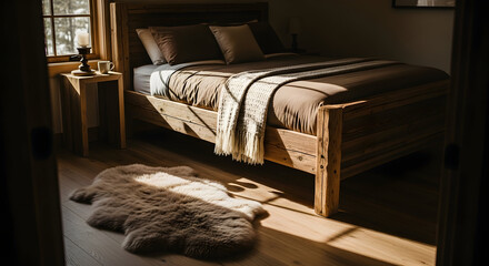 Warm Rustic Bedroom Scene With Comfortable Wooden Bed And Cozy Atmosphere