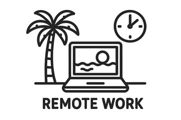 Remote work icon, digital nomad at the beach. Freelance lifestyle with laptop, palm tree. Flexible job, time management. Work from anywhere vector line icon design.