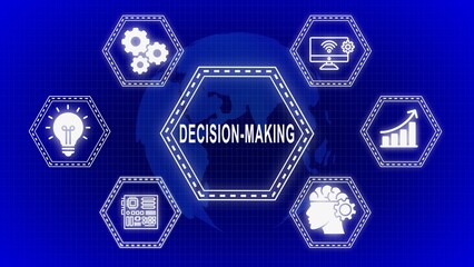Decision making process with icons illustrating strategy and conceptual thinking on blue backdrop