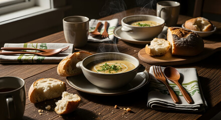 Warm Soup And Bread Meal Served On Wooden Table For Cozy Dinner Time