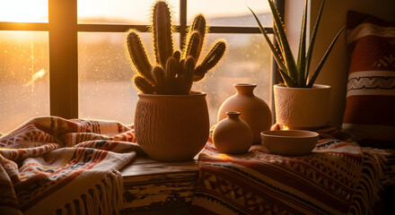 Warm Sunset Illuminates Interior Still Life With Cactus, Aloe, Pottery, And Textile