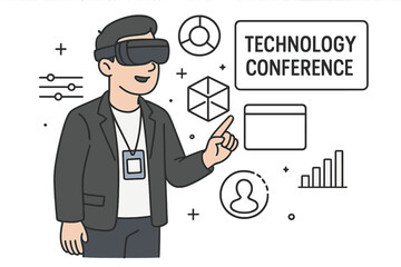 Augmented reality user interface design at technology conference. Man in VR headset explores virtual data visualization. Metaverse, business presentation, UX innovation concept.
