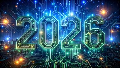 2026 year text on a futuristic circuit board city skyline background, technology concept.