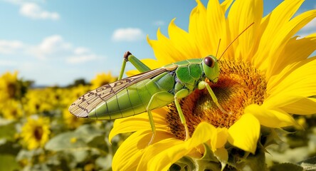 Green Grasshopper Resting on a Bright Yellow Sunflower.