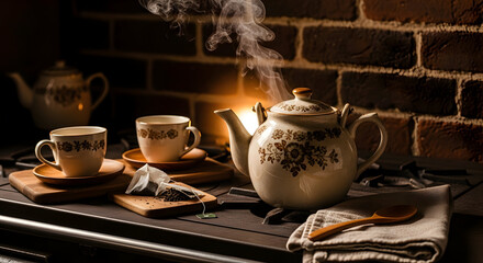 Warm Teapot And Cups With Steam, Cozy Atmosphere And Comforting Beverage Concept