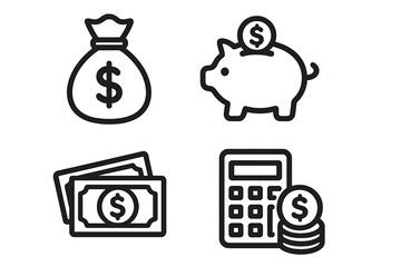 Finance icon set. Money management concept. Savings and investment. Budgeting and accounting. Piggy bank, money bag, cash, calculator symbols. Vector illustration economy.