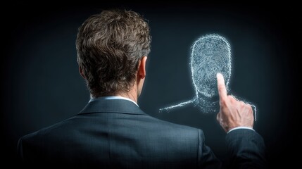 A man interacts with a futuristic digital interface, touching a holographic representation of a face, embodying innovation. ..Created with Generative AI, not depicting real subjects.