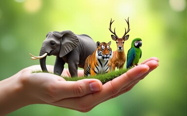 Earth Day, World Animal or Wildlife Day concept. Save our planet, protect nature reserve, protection of endangered species and biological diversity. Elephant, tiger, deer, parrot in human hand.
