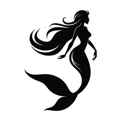 Elegant black silhouette of a mythical mermaid with long flowing hair and a graceful tail a symbol of fantasy and the ocean s mystery