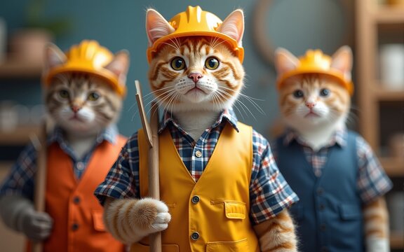 Funny cats are wearing a suit of builder or worker. Pet craftsman. Labour Day. Creative industry concept for card, banner, poster. High quality