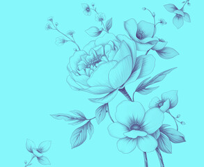 An abstract illustration of a flower arrangement, reminiscent of delicate and intricate botanical drawings in violet and light blue