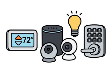 Smart home automation devices for modern living. Internet of Things concept with thermostat, speaker, security camera, light, and lock. Vector cartoon technology illustration.