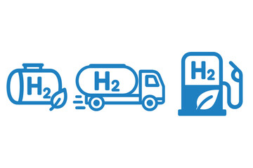 Hydrogen fuel icon set. H2 gas storage, transport truck, and refueling station pump symbols. Clean, green, and sustainable energy concept. Eco friendly alternative power.