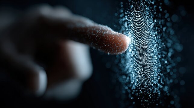 A digital fingerprint scanner activates with a fingertip. ..Created with Generative AI, not depicting real subjects.