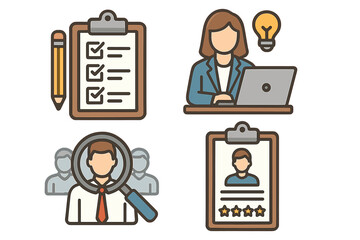 Human resources management icon set. Recruitment, headhunting, and employee evaluation concepts. Vector icons for candidate search, performance review, task list, and new ideas.