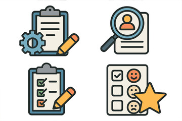 Business process icons set. Task management, recruitment, survey checklist, feedback rating. Vector illustration for project management, HR, customer satisfaction review.