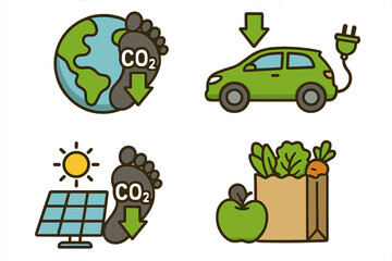 Carbon footprint reduction icon set for sustainability concept. Eco friendly lifestyle with electric car, solar panel energy, local food for environmental awareness cartoon.