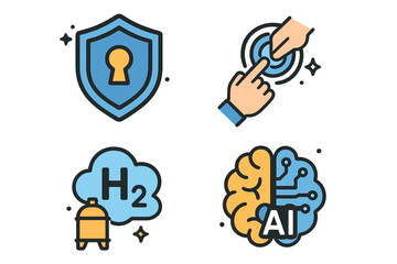 Technology icon set. Vector concepts for cybersecurity, AI, hydrogen green energy, and user interface. Digital innovation, artificial intelligence, and data protection symbols.