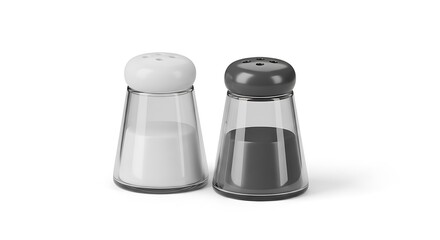 Two glass spice jars, one filled with white salt, the other with dark pepper, stand on a plain background, showcasing a simple, culinary, and neutral color palette.