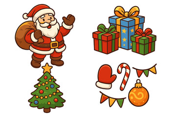 Obraz premium Cute cartoon Christmas vector set. Santa Claus with gift sack, decorated tree, presents, candy cane, mitten, and festive ornaments. Holiday clip art illustration collection.