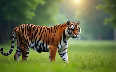 World wildlife day tiger standing on top of a green field forest background. High quality