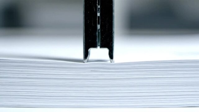 Stapler about to staple a stack of paper