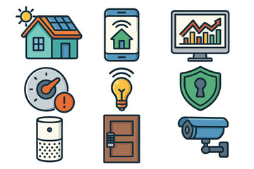 Smart home technology icon set for home automation. Vector icons for security system, energy saving, solar panel, remote control, cctv, smart lock, Internet of Things.