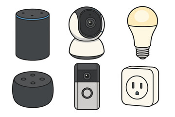 Smart home devices vector icon set. Home automation technology. Internet of Things. Gadgets like smart speaker, security camera, video doorbell, smart plug, and smart bulb.