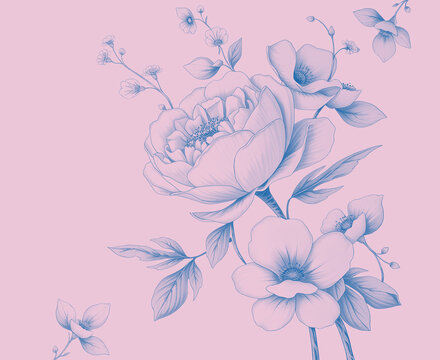 An abstract illustration of a flower arrangement, reminiscent of delicate and intricate botanical drawings in blue and light pinki