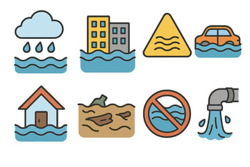Flood icon set. Natural disaster symbols. Urban flooding, water damage, submerged car, house. Climate change hazard, rain, pollution warning signs. Vector cartoon collection.