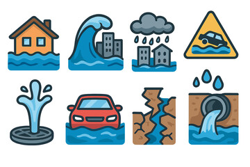 Natural disaster icon set. Flood, tsunami, heavy rainstorm symbols. Flooded house, car in water, city buildings. Emergency warning sign, burst water pipe, sewer drainage.