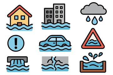 Flood icon set vector. Natural disaster symbols collection. Water damage, house, car, city flooding. Rain, warning sign, insurance claim. Climate change hazard cartoon.