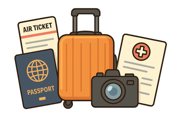 Travel essentials vector set with passport, air ticket, luggage, and camera. Concept for tourism, vacation, and international journey. Includes health certificate for safe travel.