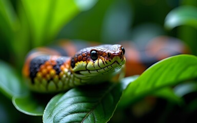 World snake day with jungle wildlife concept. Colorful snake resting among vibrant green leaves. High quality