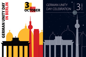 Germany Unity Day poster pack. Vector illustrations with Berlin, capital city skyline and landmarks shape for holiday card, print, event, brochure. Modern template