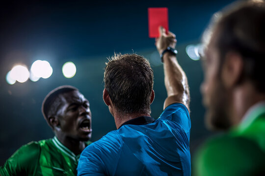 Referee showing a red card to a displeased football or soccer player while gaming. Concept of sport, rules violation, controversial issues, obstacles overcoming.