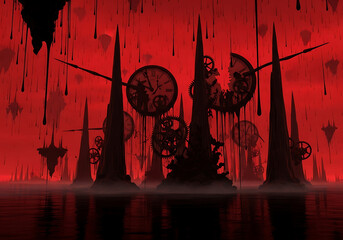 A dark, steampunk cityscape with clockwork towers and a bloodred sky, reflecting in the water below