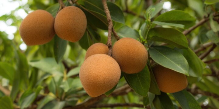 Ripe Sapodilla fruits hanging on a chicle tree branch with lush green leaves in natural sunlight.