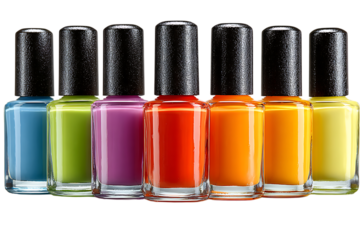 Row of Colorful Nail Polish Bottles with Black Caps lacquer varnish isolated on a transparent background